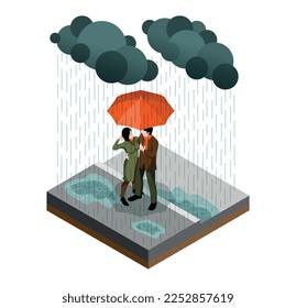 Isometric isolated storm weather concept couple hiding from the rain under a large umbrella vector illustration