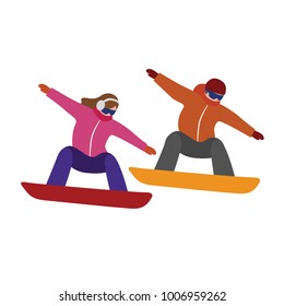 Isometric isolated vector man and woman snowboarder. Urban style and hot tricks in park. Snowboarding, winter sport. Olimpic games, recreation lifestyle, activity speed extreme