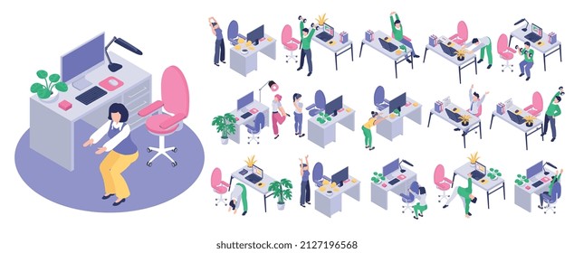 Isometric isolated workplace workout icon set squatting next to the workplace stretching dumbbell exercises bending and pumping up the muscles vector illustration