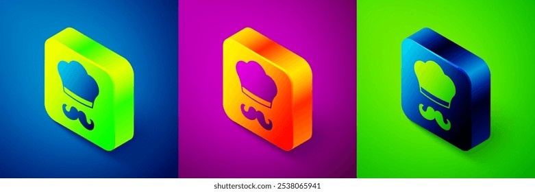 Isometric Italian cook icon isolated on blue, purple and green background. Square button. Vector