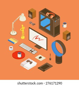 Isometric items from the digital artist workplace. Conceptual illustration suitable for advertising and promotion