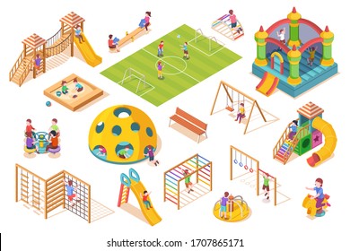 Isometric items or equipment for playground with playing kids or children. Schoolyard or play ground slide and seesaw, swing and sandbox, carousel and soccer field, ladder and castle. Outdoor game