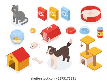 Isometric items for pets set. Cat, dog and pet food and toys. Mouse and ball. Pet store product collection. Aquarium and bowls with water. Cartoon vector illustrations isolated on white background