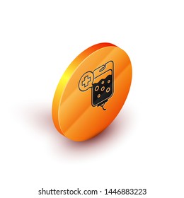 Isometric IV bag icon isolated on white background. Blood bag icon. Donate blood concept. The concept of treatment and therapy, chemotherapy. Orange circle button. Vector Illustration