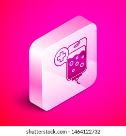 Isometric IV bag icon isolated on pink background. Blood bag icon. Donate blood concept. The concept of treatment and therapy, chemotherapy. Silver square button. Vector Illustration