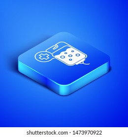 Isometric IV bag icon isolated on blue background. Blood bag icon. Donate blood concept. The concept of treatment and therapy, chemotherapy. Blue square button. Vector Illustration