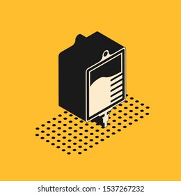 Isometric IV bag icon isolated on yellow background. Blood bag icon. Donate blood concept. The concept of treatment and therapy, chemotherapy.  Vector Illustration