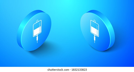 Isometrisches IV-Taschensymbol einzeln auf blauem Hintergrund. Blutbeutel-Symbol. Blutspende Das Konzept der Behandlung und Therapie, Chemotherapie. Blauer Kreis-Knopf. Vektorgrafik.
