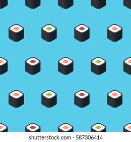 Isometric Izumi sushi seamless pattern on the blue background in flat style