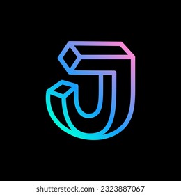 Logo de la letra J isométrica. Emblema de luces de neón. Diseño de líneas imposibles de gradiente multicolor. Icono de luz cúbica para etiquetas de cadenas de bloqueo, titulares de vida nocturna, afiches futuristas, publicidad de NFT.