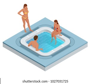 Isometric jacuzzi with swirling water isolated on white. People enjoying jacuzzi hot tub bath spa. Vector illustration