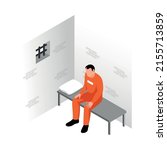 Isometric jail inmates criminals arrested prison composition with character of prisoner in cell vector illustration