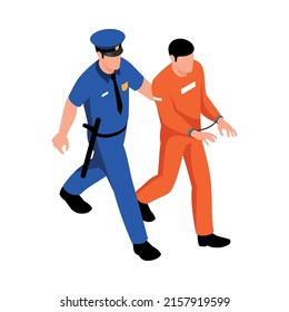 Isometric jail inmates criminals arrested prison composition with characters of prisoner and guard vector illustration