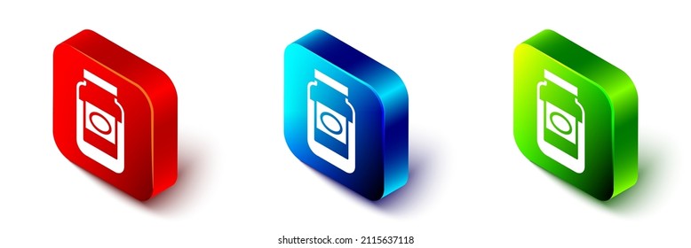 Isometric Jam jar icon isolated on white background. Red, blue and green square button. Vector
