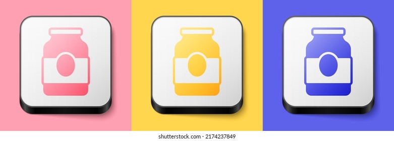 Isometric Jam jar icon isolated on pink, yellow and blue background. Square button. Vector