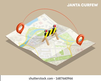 Isometric JANTA CURFEW Lockdown Route Square Paper Map Banner. 3d Vector Curfew Application Isometry City. Low Poly Style Quarantine Model