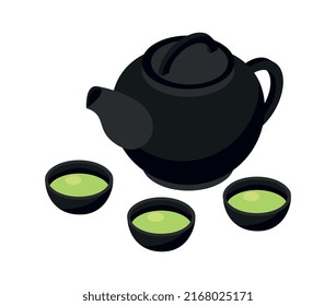 Composición isométrica de japón con imágenes aisladas de tetera y tazas de ilustración vectorial