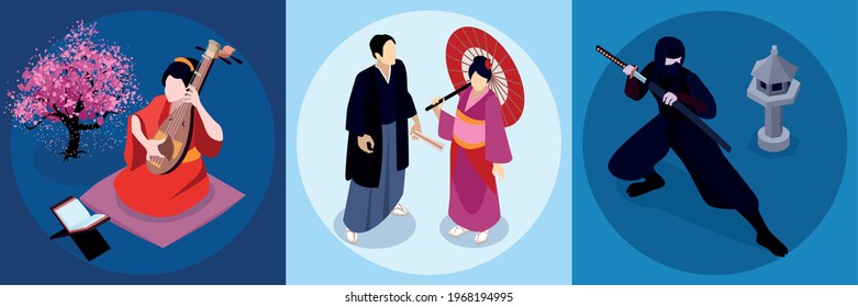 Isometric Japan Design Concept Set With Japanese Music Traditional Clothing And Martial Arts Vector Illustration