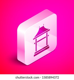 Isometric Japan Gate icon isolated on pink background. Torii gate sign. Japanese traditional classic gate symbol. Silver square button. Vector Illustration