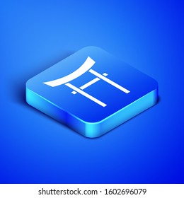 Isometric Japan Gate icon isolated on blue background. Torii gate sign. Japanese traditional classic gate symbol. Blue square button. Vector Illustration