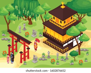 Isometric japan travel composition with outdoor landscape and buildings of traditional japanese architecture with people and trees vector illustration