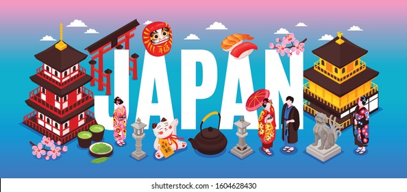 Isometric japan travel text composition with gradient background and japanese traditional buildings culture elements and people vector illustration
