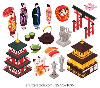 Isometric japan travel tourism set with isolated architecture items and people in traditional costumes on blank background vector illustration