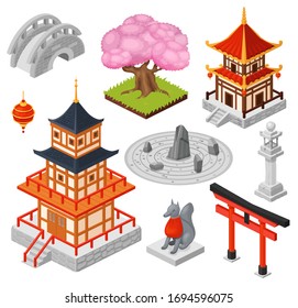 Isometric Japan Vector Illustration. Cartoon 3d Japanese Travel City Landmark, Oriental Pagoda House Temple, Asian Bridge. Traditional Garden, Cherry Sakura Tree, Japan Tourism Icons Isolated On White