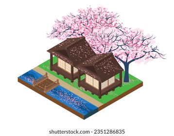 Isometric Japanese-style village by the river with a wooden bridge and cherry blossoms.
vector illustration isolated on white background.