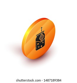 Isometric Jar of honey and honey dipper stick icon isolated on white background. Food bank. Sweet natural food symbol. Honey ladle. Orange circle button. Vector Illustration