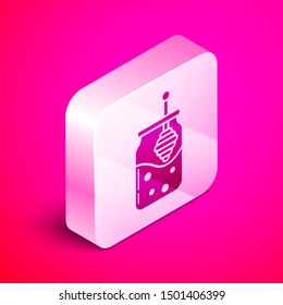 Isometric Jar of honey and honey dipper stick icon isolated on pink background. Food bank. Sweet natural food symbol. Honey ladle. Silver square button. Vector Illustration
