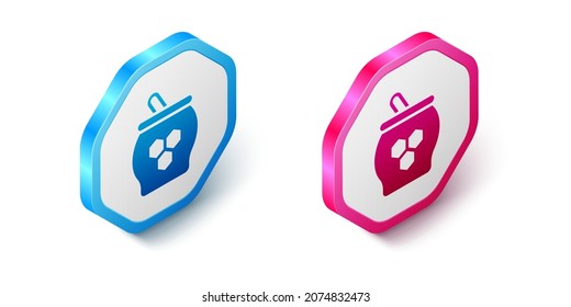 Isometric Jar of honey and honey dipper stick icon isolated on white background. Food bank. Sweet natural food symbol. Honey ladle. Hexagon button. Vector