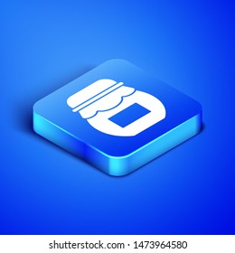 Isometric Jar of honey icon isolated on blue background. Food bank. Sweet natural food symbol. Blue square button. Vector Illustration