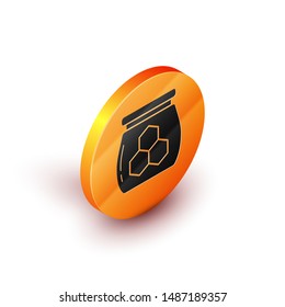 Isometric Jar of honey icon isolated on white background. Food bank. Sweet natural food symbol. Orange circle button. Vector Illustration