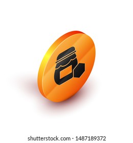 Isometric Jar of honey icon isolated on white background. Food bank. Sweet natural food symbol. Orange circle button. Vector Illustration