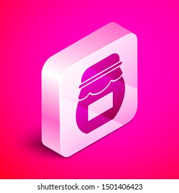 Isometric Jar of honey icon isolated on pink background. Food bank. Sweet natural food symbol. Silver square button. Vector Illustration