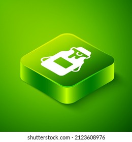 Isometric Jar of honey icon isolated on green background. Food bank. Sweet natural food symbol. Green square button. Vector