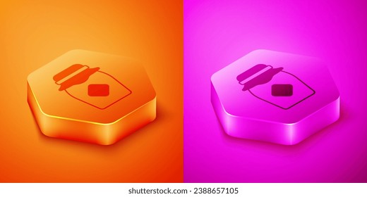 Isometric Jar of honey icon isolated on orange and pink background. Food bank. Sweet natural food symbol. Hexagon button. Vector