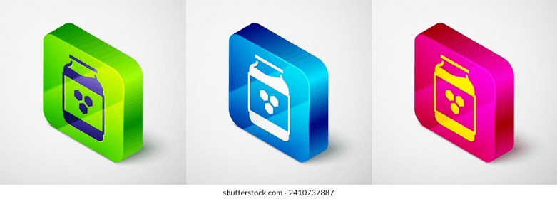 Isometric Jar of honey icon isolated on grey background. Food bank. Sweet natural food symbol. Square button. Vector