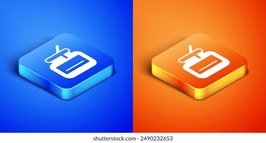 Isometric Jar of honey icon isolated on blue and orange background. Food bank. Sweet natural food symbol. Square button. Vector