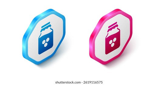 Isometric Jar of honey icon isolated on white background. Food bank. Sweet natural food symbol. Hexagon button. Vector