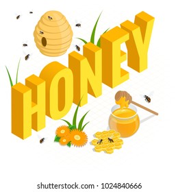 Isometric jars with honey, honeycomb and bee, honey in jar with honey dipper. Cards design template. Vector illustration