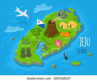 Isometric Jeju island, South Korea. Jeju-do map with Jeju attractions Hallasan, Dol Hareubang or Harubang, known as Stone grandfather, Haenyeo or Jeju, volcano and diver. Korean land. Sunrise Peak