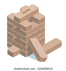 Isometric jenga game. Wooden bricks, 3d puzzle cubes tower, family and friends leisure game vector illustration on white background