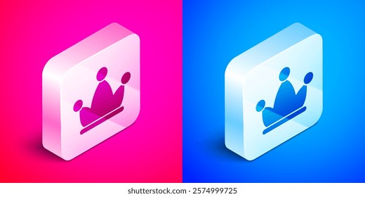 Isometric Jester hat with bells isolated on pink and blue background. Clown icon. Amusement park funnyman sign. Silver square button. Vector