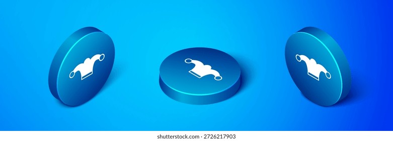 Isometrischer Narrenhut mit Glocken einzeln auf blauem Hintergrund. Clown-Symbol. Vergnügungspark lustige Zeichen. Blauer Kreis-Knopf. Vektorgrafik