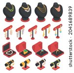 Isometric jewelry set with isolated necklaces earrings rings and bracelets on stands and in boxes 3d vector illustration