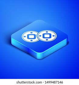 Isometric Jewish coin icon isolated on blue background. Currency symbol. Blue square button. Vector Illustration