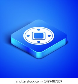 Isometric Jewish coin icon isolated on blue background. Currency symbol. Blue square button. Vector Illustration