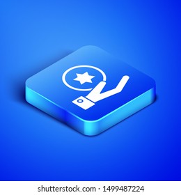 Isometric Jewish coin on hand icon isolated on blue background. Currency symbol. Blue square button. Vector Illustration